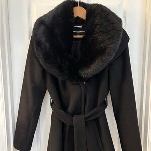 Karl Lagerfeld self tie faux fur collar coat -size small